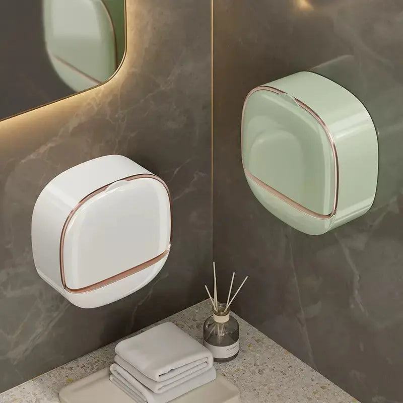 Wall-Mounted Soap Dish with Drainage Box - Waterproof Soap Holder for Shower with Flip Lid, Punch-Free Design to Keep Soap Bars Dry