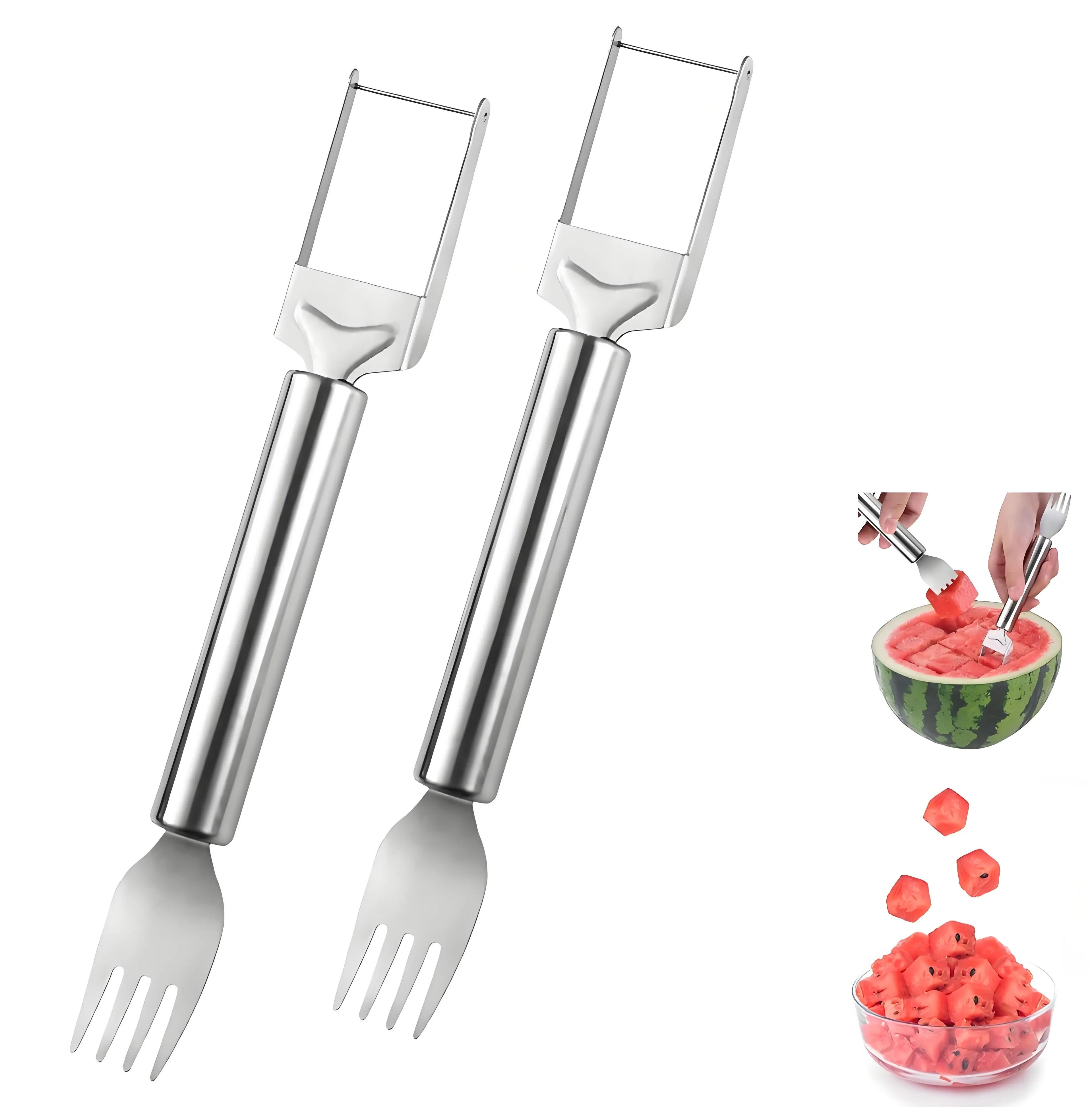 【2 Pack】Watermelon Fork Slicer Cutter Slicer Tool, 2-In-1 Stainless Steel Fruit Cutter, Dual Head Fruit Forks Slicer Knife with round Handle Fruit Cutting Kitchen Utensils