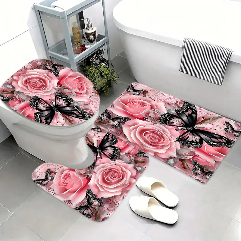 Creative Romantic Floral Insect Style Rose Flower Shower Curtain Set, 180X180Cm, Includes Hooks and Mat, Home Bathroom Decor Gift, Bathroom Accessory