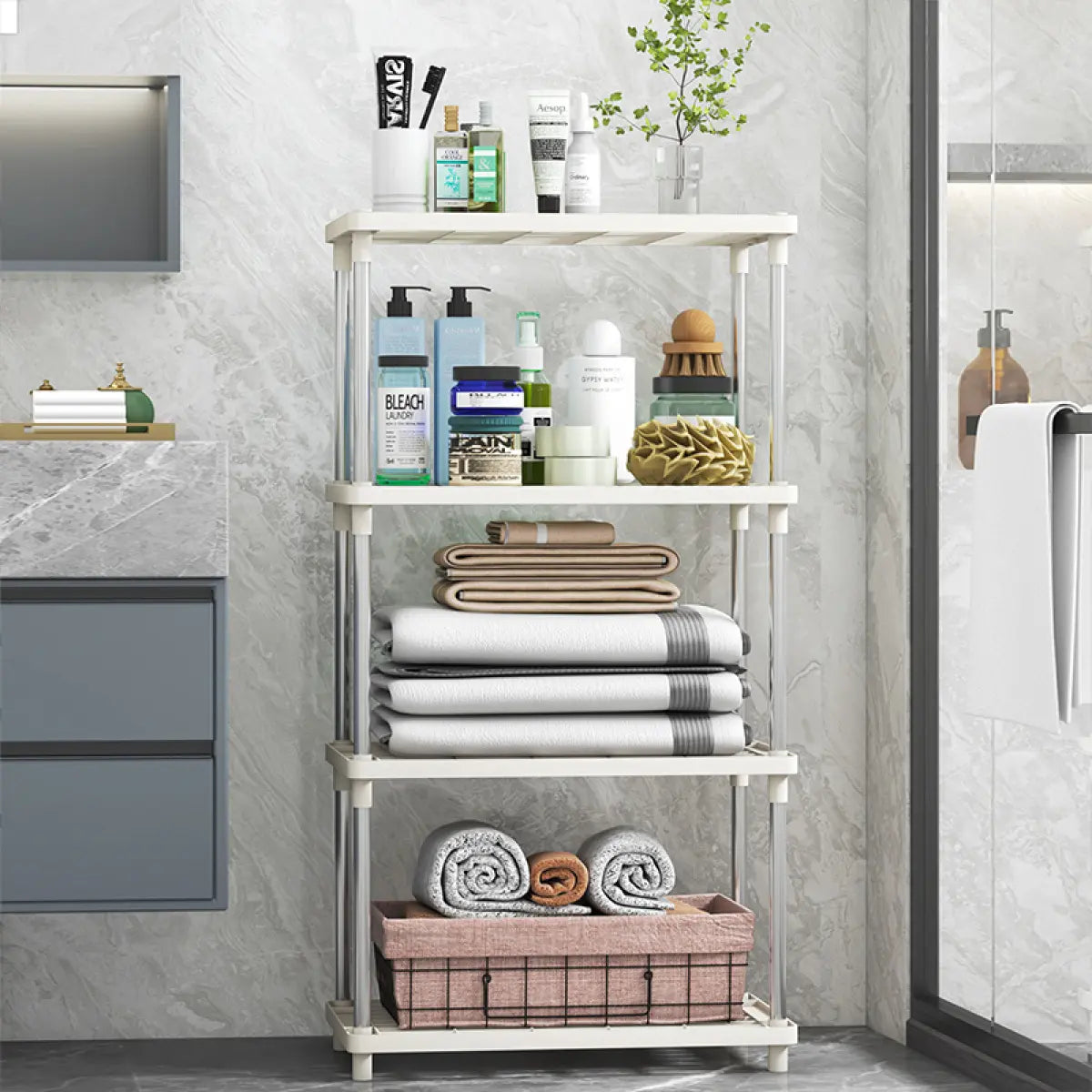4 Tier Plastic and Metal Freestanding Shelf Bathroom Organizer, Shelving Unit Storage Rack Organizer for Home, Garage, Basement, Shed and Laundry Room