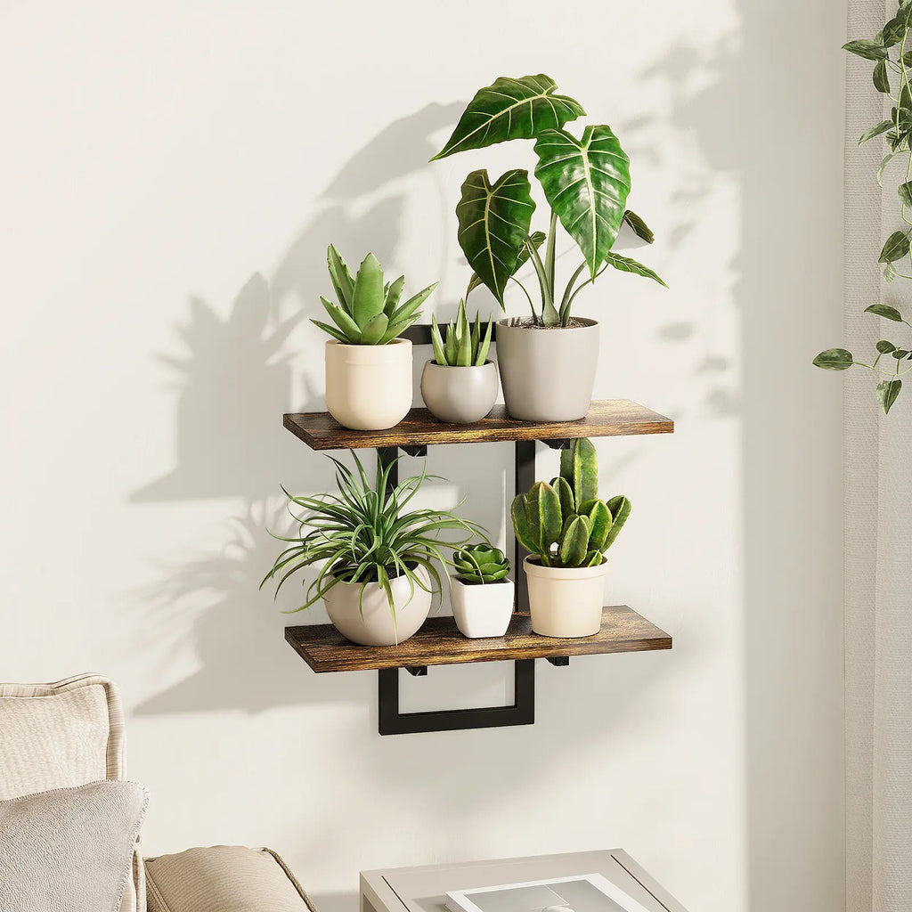 Bamworld 2-Pack Brown Wooden Wall Planters - Hanging Mount Shelves, Indoor Plant Holder, Living Room Wall Decor, Unique Accent