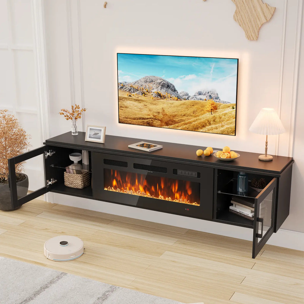 【2 Packages Shipping】Aoxun 70" Floating TV Stand with 36" Electric Fireplace, Wall Mounted Fireplace Entertainment Center with Storage, Fire Place TV Console for Living Room, All Black, Modern Tv Stand, Drawers Tv Stand Farmhouse Tv Cabinet Tv Shelf