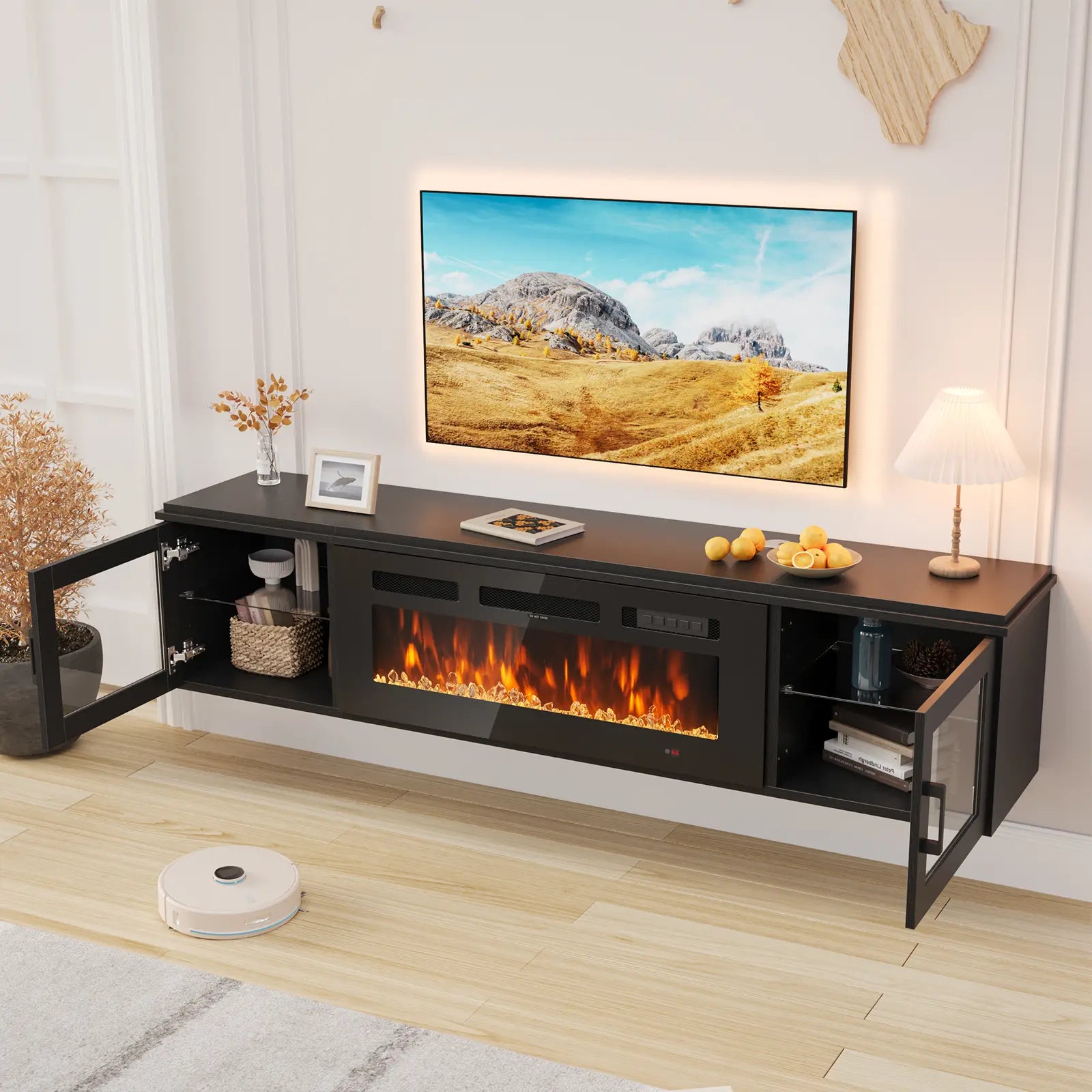 【2 Packages Shipping】Aoxun 70" Floating TV Stand with 36" Electric Fireplace, Wall Mounted Fireplace Entertainment Center with Storage, Fire Place TV Console for Living Room, All Black, Modern Tv Stand, Drawers Tv Stand Farmhouse Tv Cabinet Tv Shelf