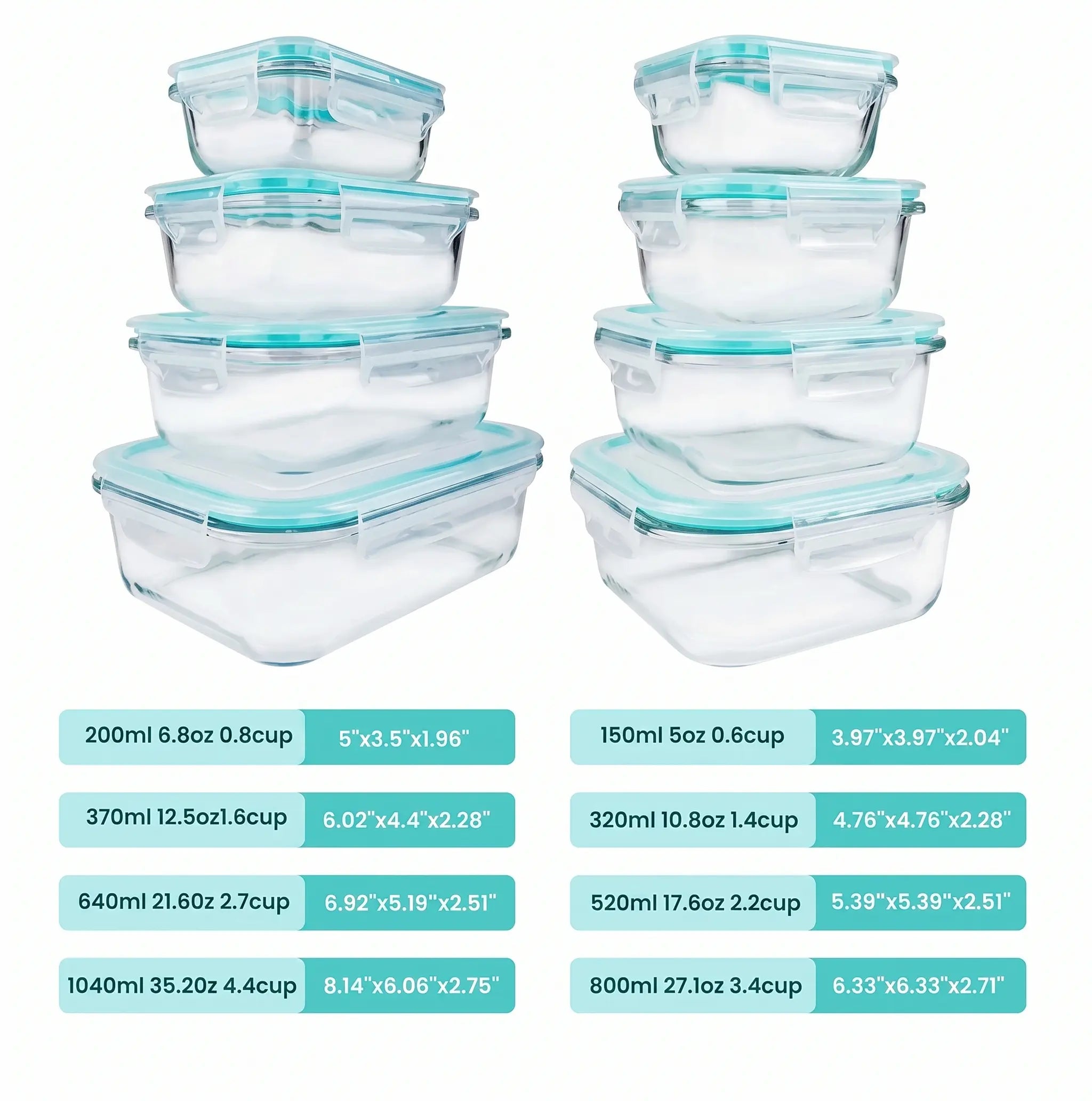 Premium 8 Pack Glass Food Storage Containers with Airtight Lids, Borosilicate Glass Meal Prep Containers, Lunch Office Meal for Microwave, Oven, Freezer and Dishwasher, BPA Free
