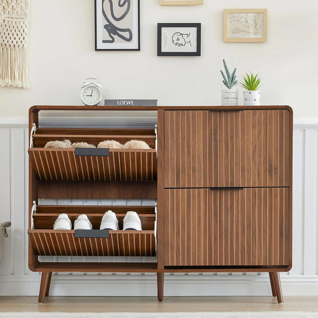 Giratree 47" Fluted Large Shoe Cabinet with 4 Flip Drawers, Slim Freestanding Shoe Cabinet Organizer, Narrow Shoes Storage Rack for Entryway, 5 Sturdy Legs