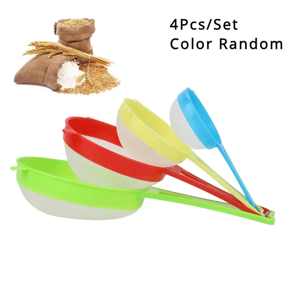 Easy-To-Clean 4Pcs Kitchen Strainer Set with Handles, Kitchen Strainer Utensils, Kitchen Accessories, Perfect for Powdered Sugar, Soy Milk, Flour & Rice Washing, Essential Baking Gadgets, Food Colander Kitchenware