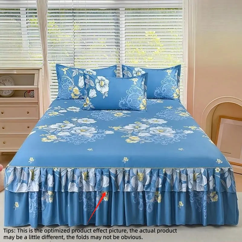 Floral Print Ruffled Edge Bed Skirt Set, 3-Count Set Including 1 Bed Skirt and 2 Pillowcases without Filler, Comfortable Bedding Set for Home Bedroom