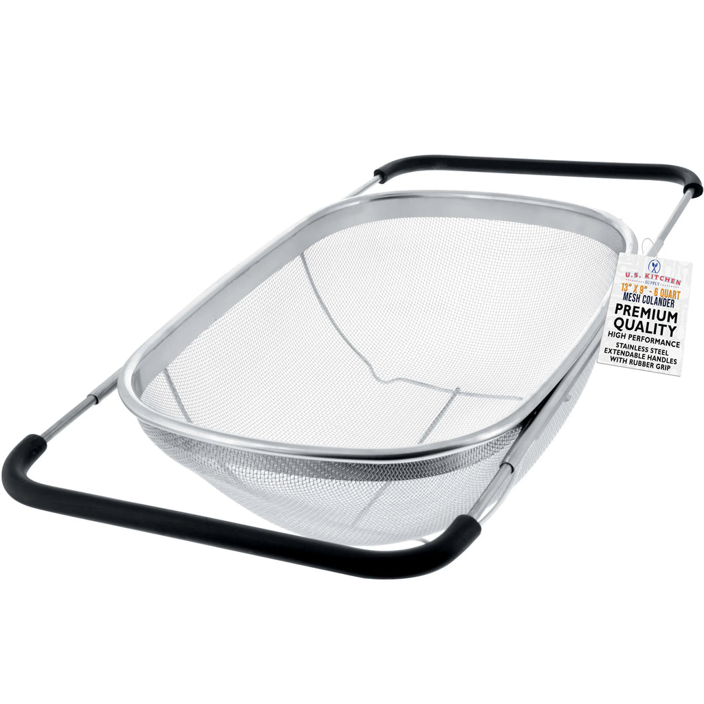 U.S. Kitchen Supply Stainless Steel Colander Strainer - 6-Quart Collapsible Colander with Expandable Rubber Handles - Rectangular Sieve, Fine Mesh Stainless Steel Strainers and Colanders for Kitchen