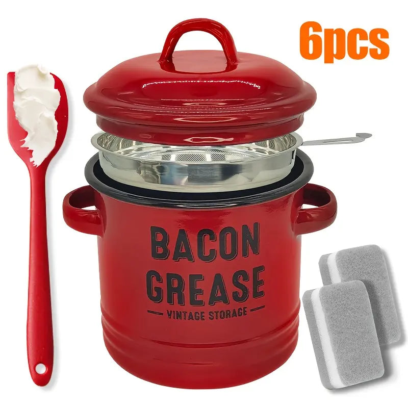 Rustic Farmhouse Enamel Bacon Grease Container - Large Enamel Grease Saver Strainer for Efficient Kitchen Use with Fine Mesh Strainer and Food-Grade Silicone Spatula, 46Oz Retro Farmhouse Style Large Enamel Oil Keeper, Dishwasher Safe Kitchen Utensil Tikt