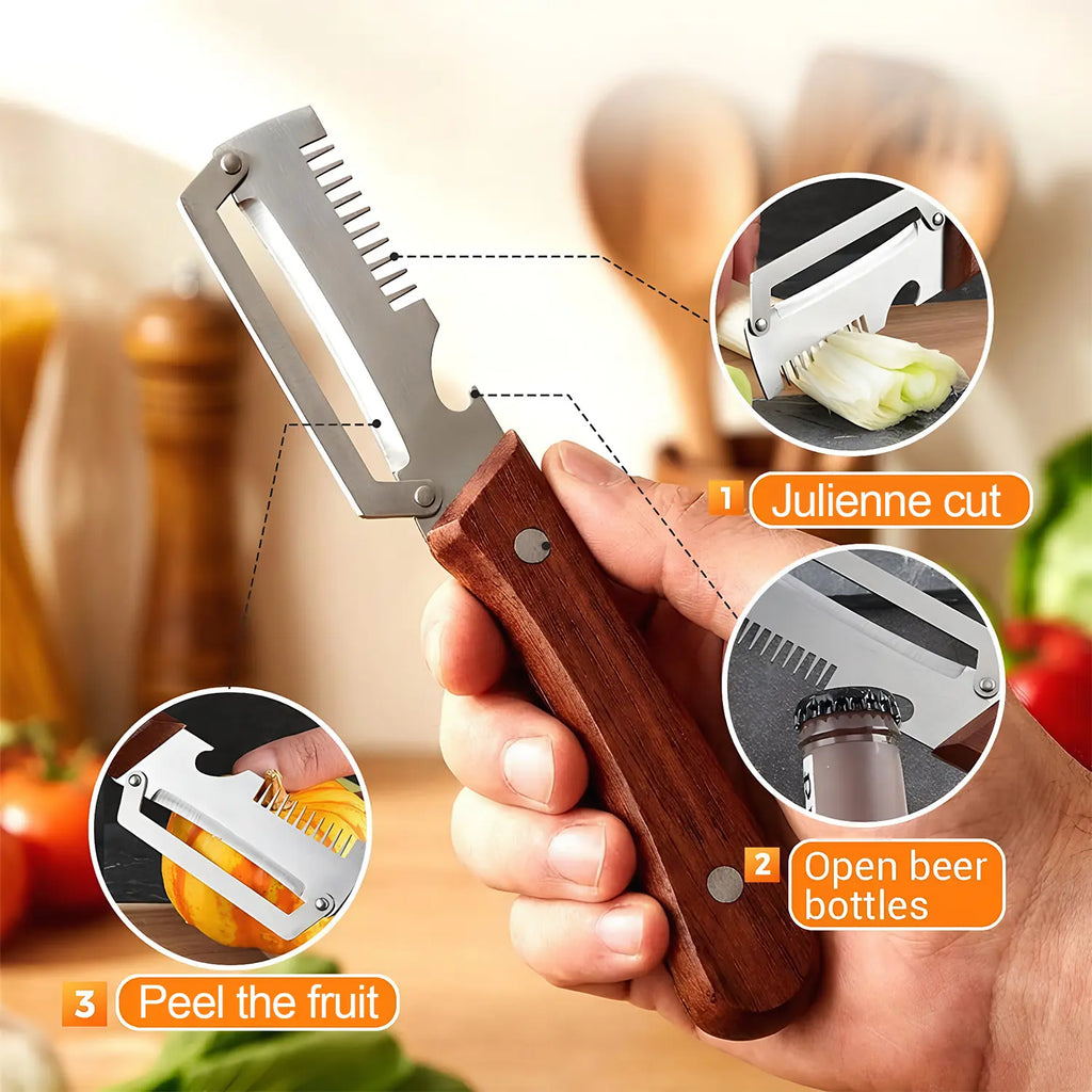 Vegetable Peeler for Kitchen,Multi-Functional Peeler Ultra-Sharp Stainless Steel Blade with Wooden Handle and Bottle Opener, for Vegetables or Fruits That Need to Be Peeled (2 Pcs)