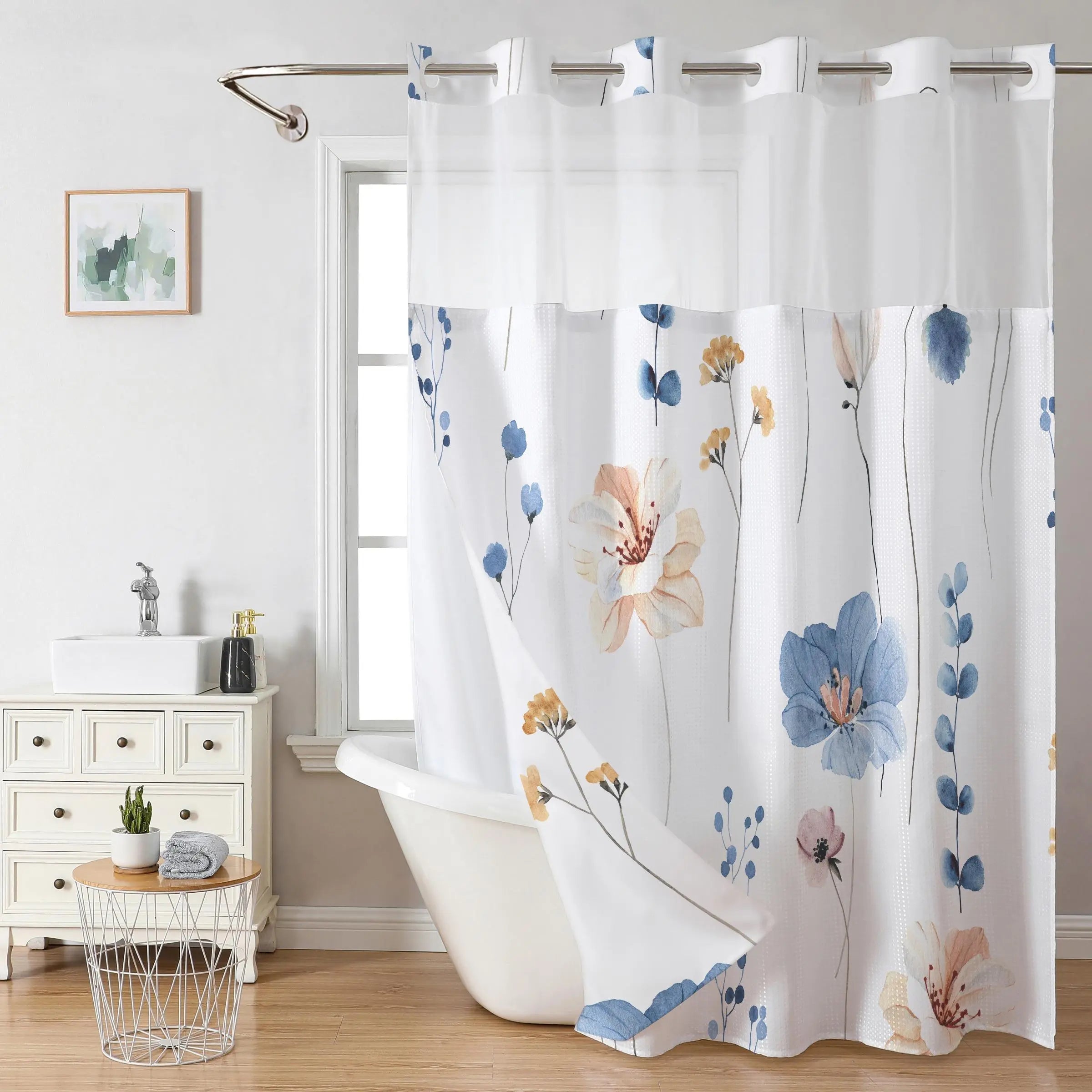 Floral Pattern Shower Curtain, 1 Count Waterproof Pastel Bathroom Curtain with Snap in Liner, Bathroom Decor Supplies for Home Hotel Salon Dormitory