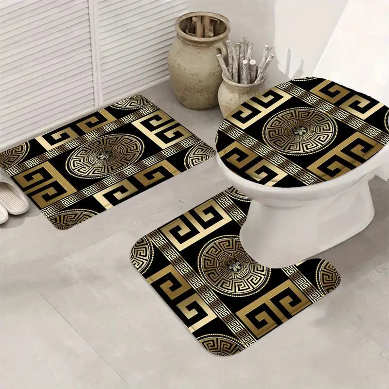 Black and Gold Geometric Pattern Bathroom Accessory Set with Shower Curtain, Non-Slip Mat, U-Shaped Rug, Toilet Seat Cover, and 12 Hooks for Modern Decor
