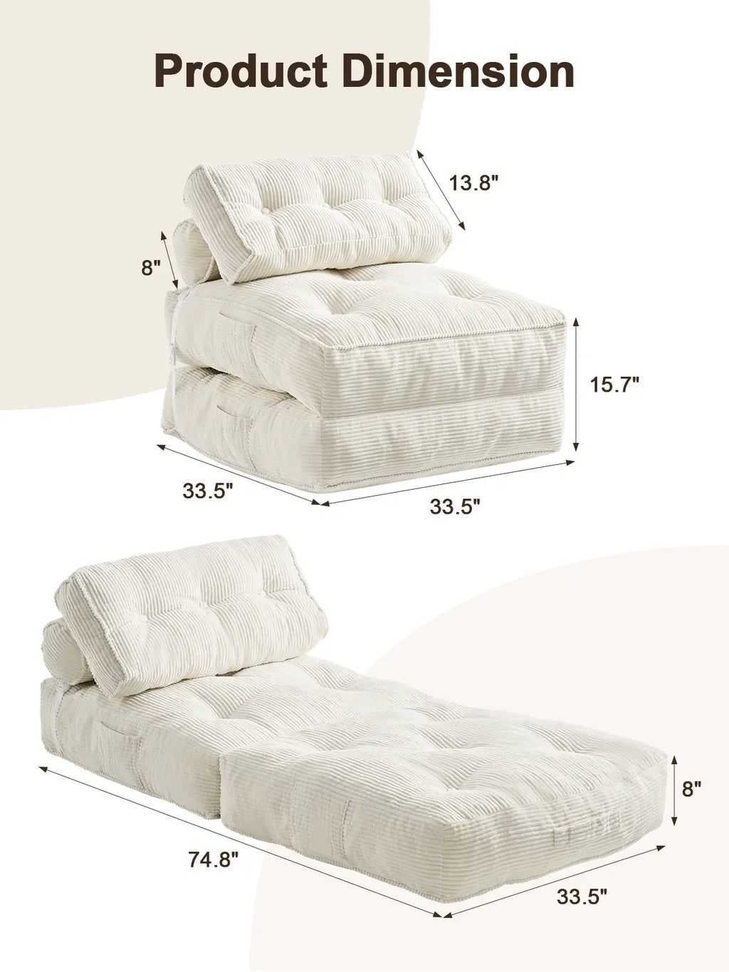 【Dealsforyoudays】Onbrill Folding Sofa Bed with Pillow, Convertible Sleeper Chair with Back Support, Corduroy Portable Fold Out Chair Bed, Comfy Floor Sofa Lounge for Living Room, Single