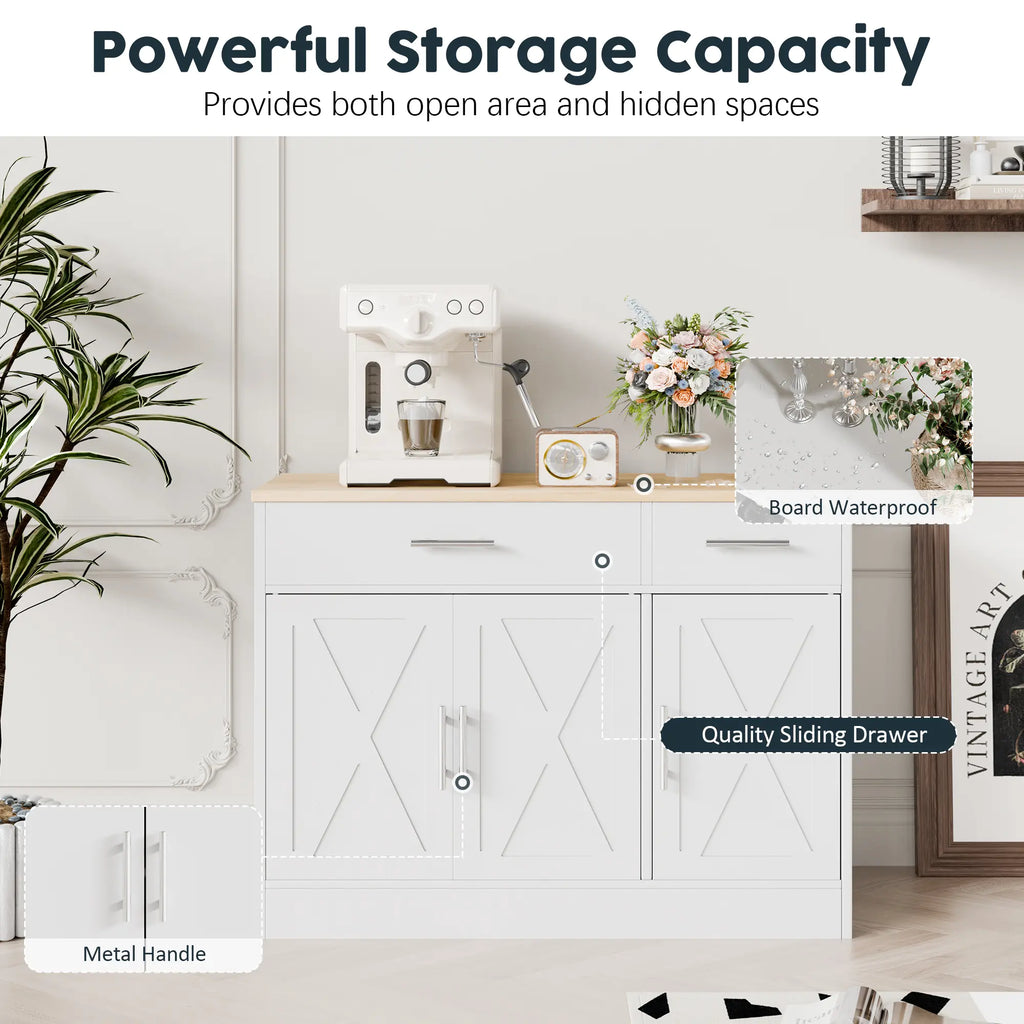 Walsunny Farmhouse Sideboard Buffet Cabinet with Storage with 3 Doors & 2 Drawers, Barn Doors Entryway Buffet Cabinet with Storage, Adjustable Metal Kitchen Cabinet,White
