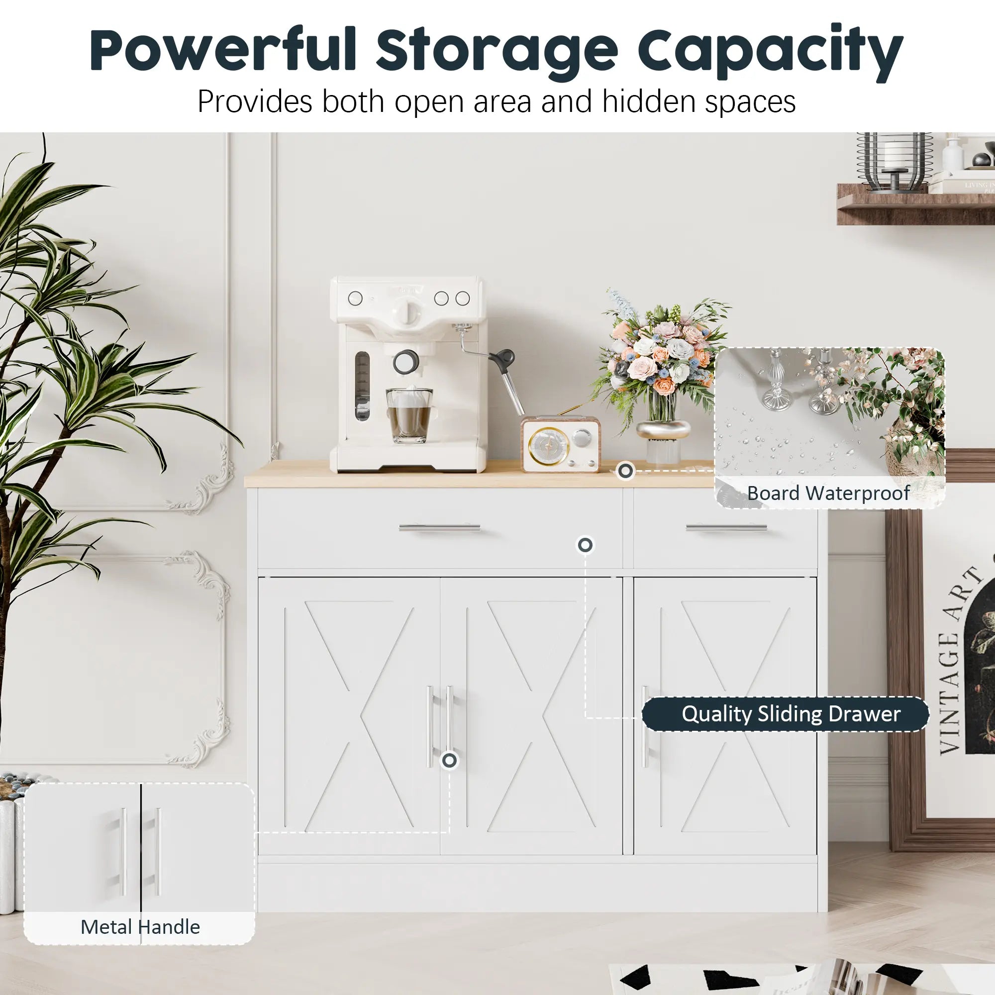 Walsunny Farmhouse Sideboard Buffet Cabinet with Storage with 3 Doors & 2 Drawers, Barn Doors Entryway Buffet Cabinet with Storage, Adjustable Metal Kitchen Cabinet,White
