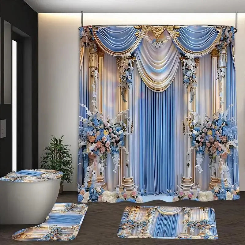 1/4 Pcs Elegant Floral Pattern Bathroom Curtain Set, Festive Design, Non-Slip Floor Mat, U-Shaped Rug, Toilet Seat Cover, Perfect for Bathroom Decoration, Partition, Beautify the Space, 12 Free Shower Curtain Hooks, Bathroom Decoration Accessories