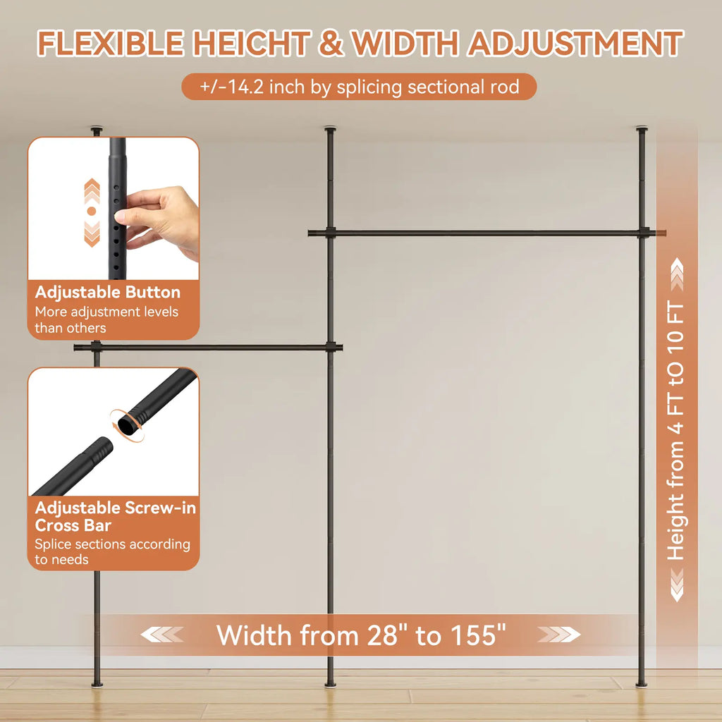 Adjustable Room Divider Frame, Black Metal Pipe Partition Stand for Bedroom/Dorm/Apartment, No Curtains Included (Fits Twin/Full Beds & Open Spaces)