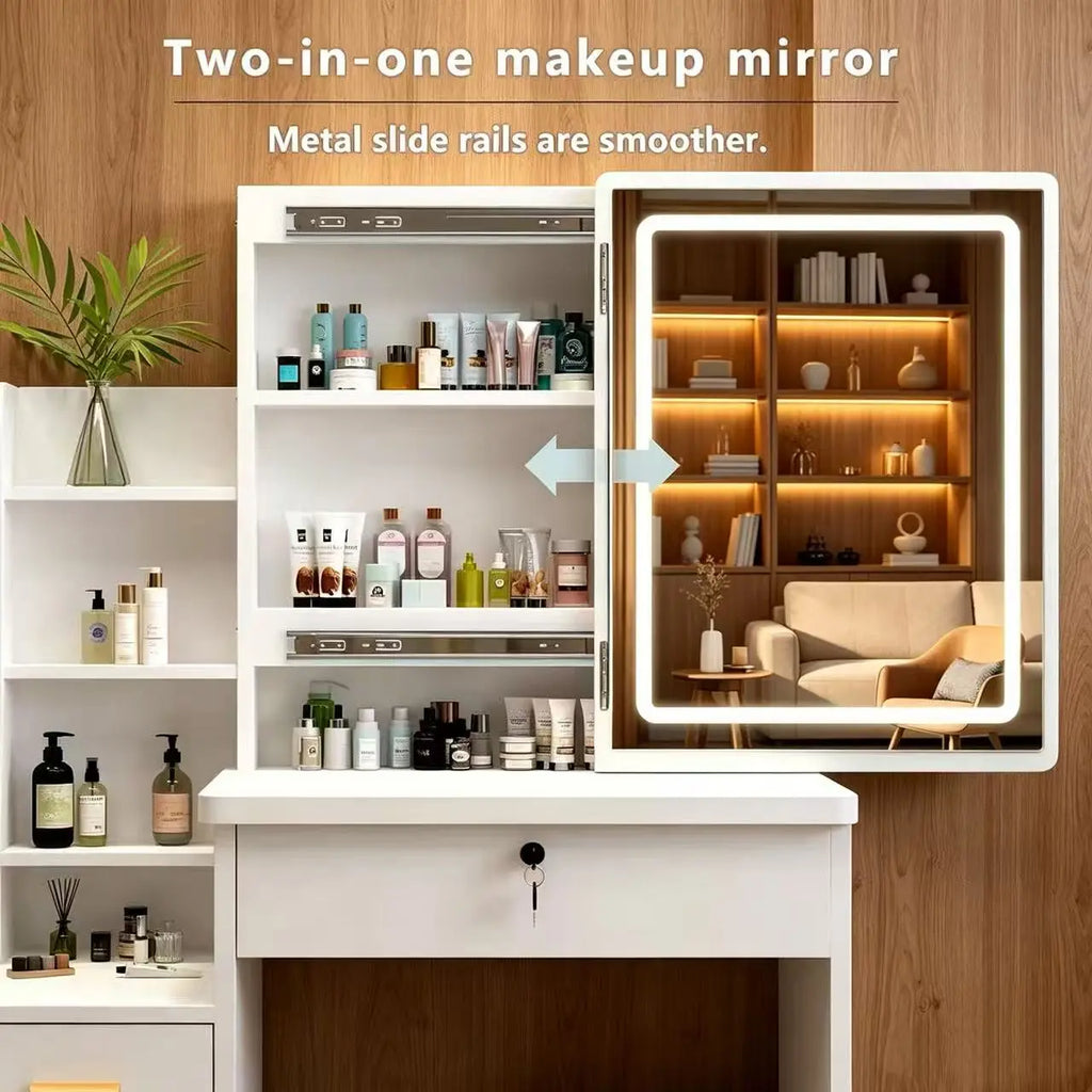 Space-Saving Vanity Table with LED Mirror & Storage Cabinet – All-In-One Beauty Station