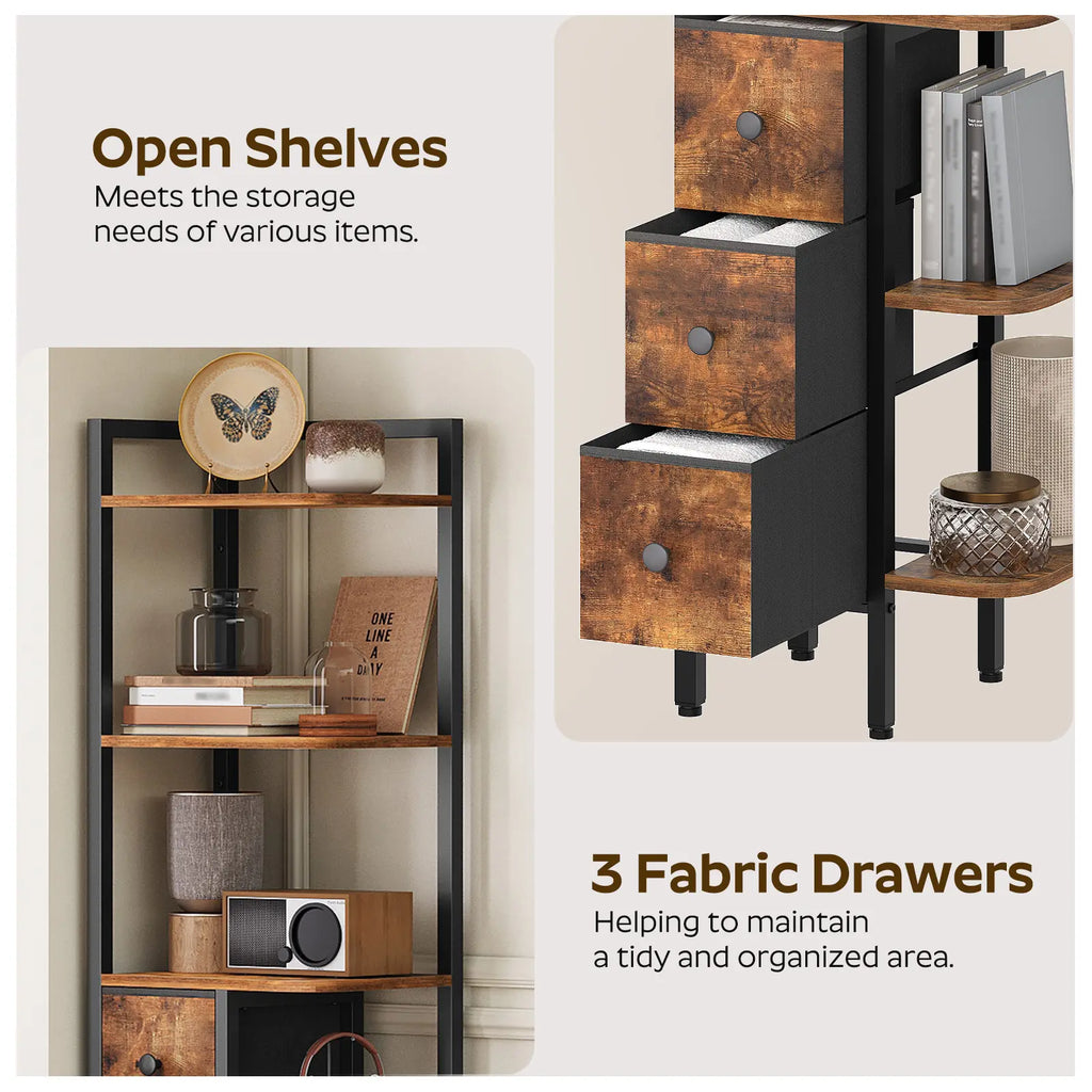 YATINEY Corner Shelf Stand, 5-Tier Corner Bookshelf with 3 Drawers, Industrial Display Shelf for Narrow Spaces, Wooden Small Bookcase, Easy Assembly, Rustic Brown and Black #Summervibes