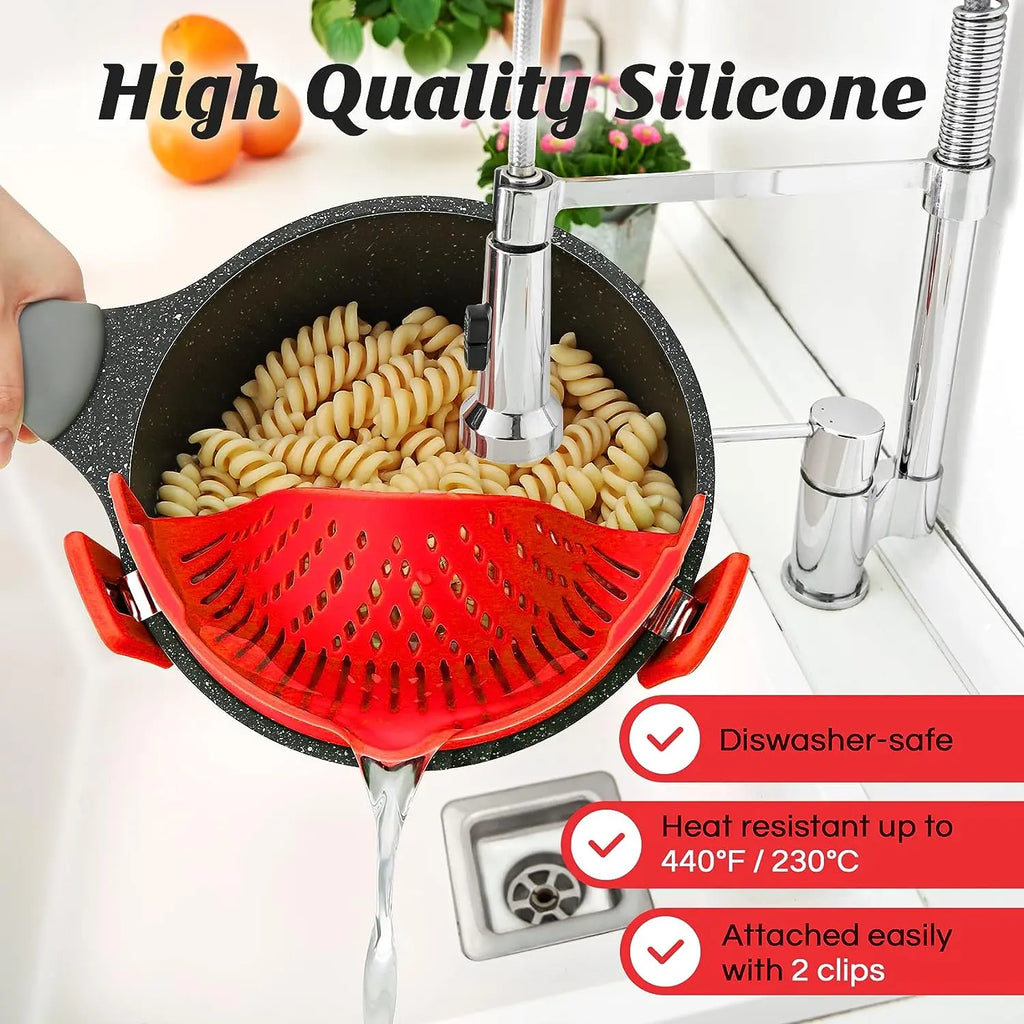 1 Piece Silicone Pot Filter Pasta Strainer with Adjustable Clips, Fruit Vegetable Food Strainer Kitchen Drain Sifter