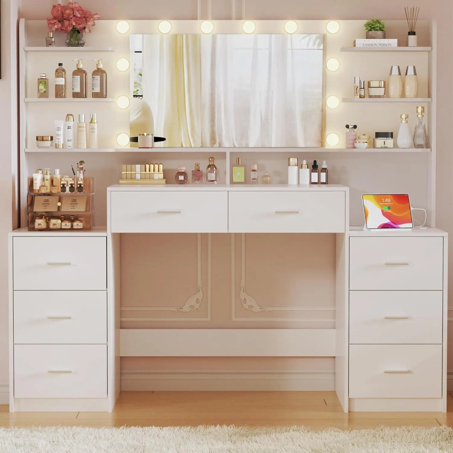 Large Vanity Desk with Mirror & Lights, White Makeup Vanity with 8 Drawers & 6 Storage Shelves, Vanity Set with LED Lights and Power Outlet, 3 Lighting Modes, Adjustable Brightness