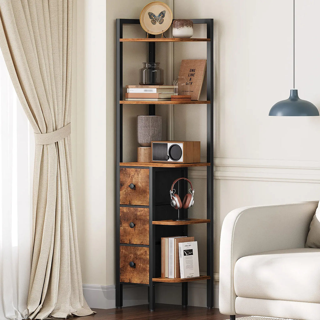 YATINEY Corner Shelf Stand, 5-Tier Corner Bookshelf with 3 Drawers, Industrial Display Shelf for Narrow Spaces, Wooden Small Bookcase, Easy Assembly, Rustic Brown and Black #Summervibes