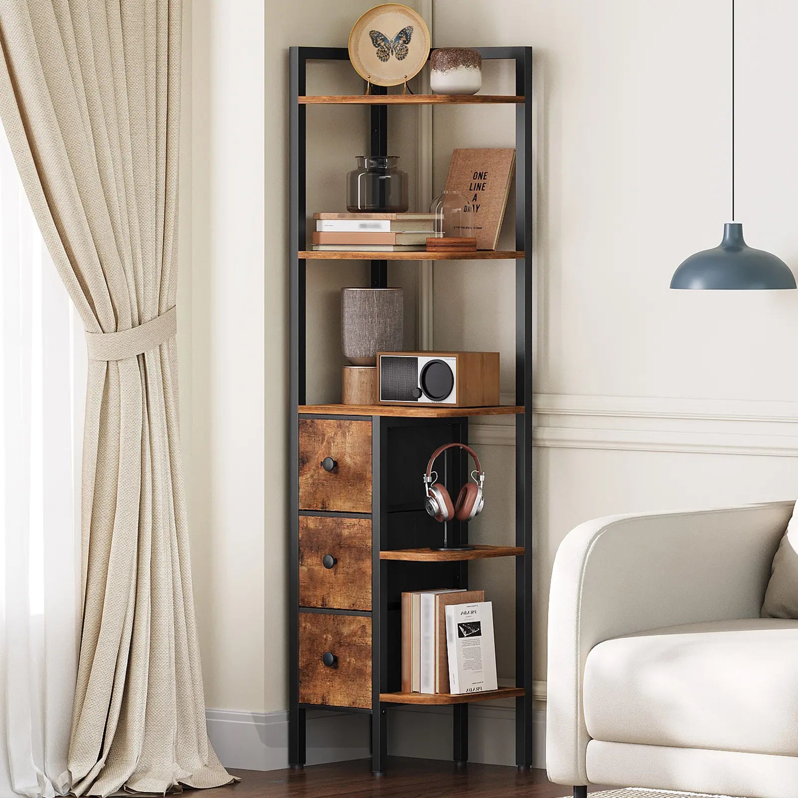 YATINEY Corner Shelf Stand, 5-Tier Corner Bookshelf with 3 Drawers, Industrial Display Shelf for Narrow Spaces, Wooden Small Bookcase, Easy Assembly, Rustic Brown and Black #Summervibes