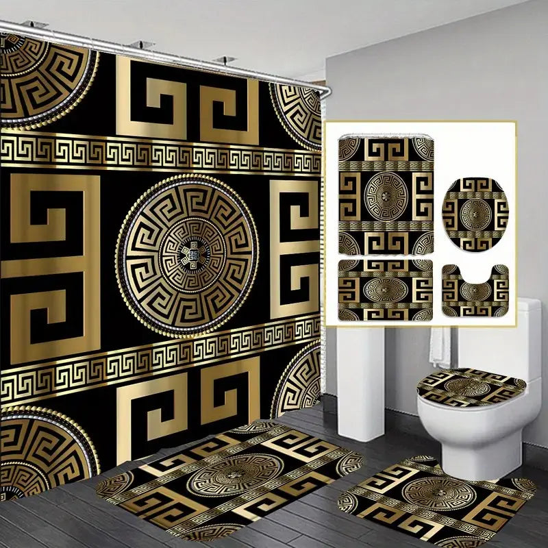 Black and Gold Geometric Pattern Bathroom Accessory Set with Shower Curtain, Non-Slip Mat, U-Shaped Rug, Toilet Seat Cover, and 12 Hooks for Modern Decor