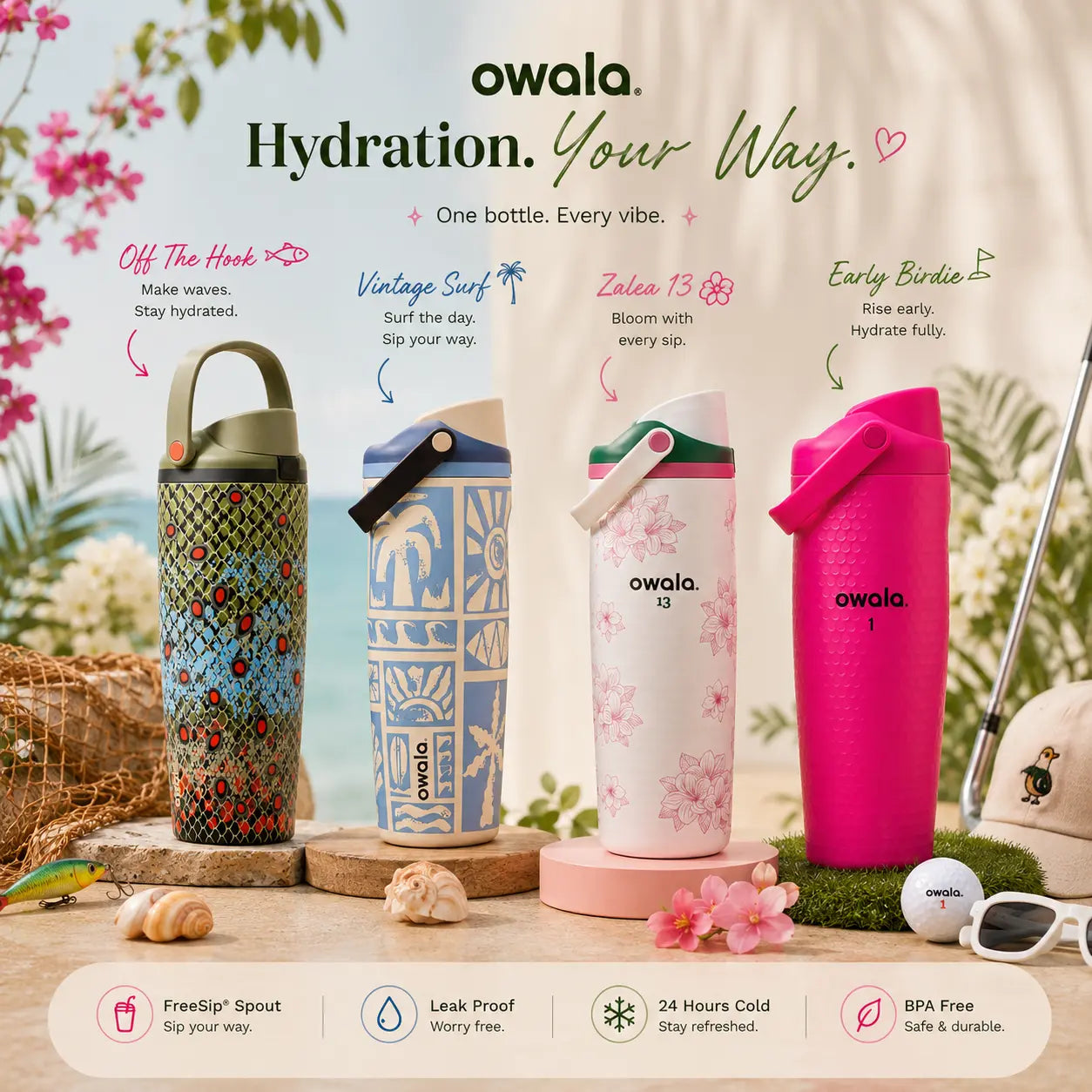 Owala Summer Vibes 30Oz Freesip Sway Tumbler – Surf Inspired Insulated Travel Bottle, Leak Resistant Stainless Steel Drink Cup