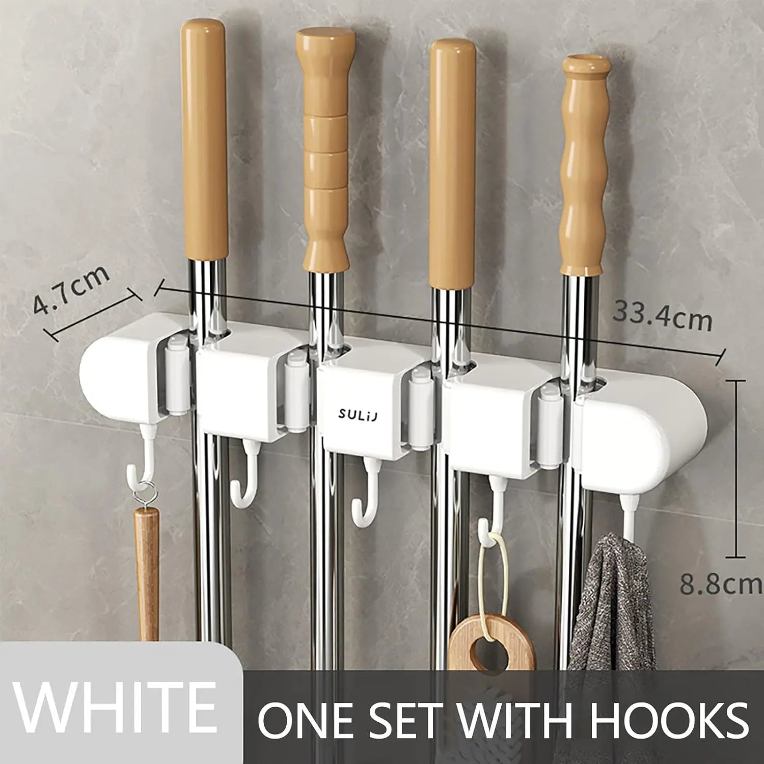 Multifunctional Mop Holder with Hook, Broom Mop Holder with 4 Racks 5 Hooks, Heavy Duty Mop Holder, Self Adhesive Mop Holder Wall Mounted, Broom Holder Wall Mount for Kitchen, Bathroom, Closet
