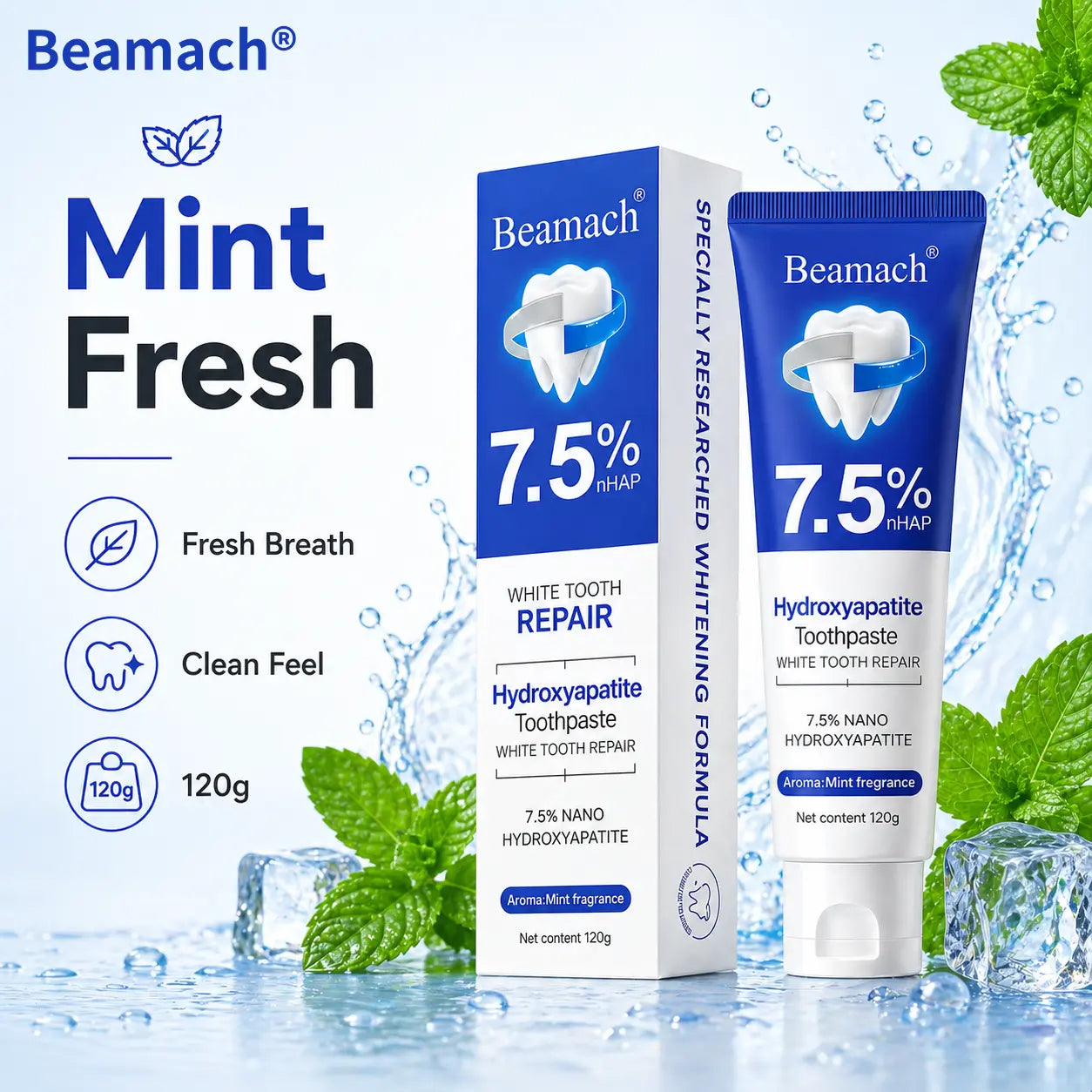 Beamach Hydroxyapatite Toothpaste 7.5% - Enamel Repair & Natural Whitening, Mint Flavor, Fluoride-Free, Gentle for Sensitive Teeth, 4.23Oz Oral Hygiene Essentials