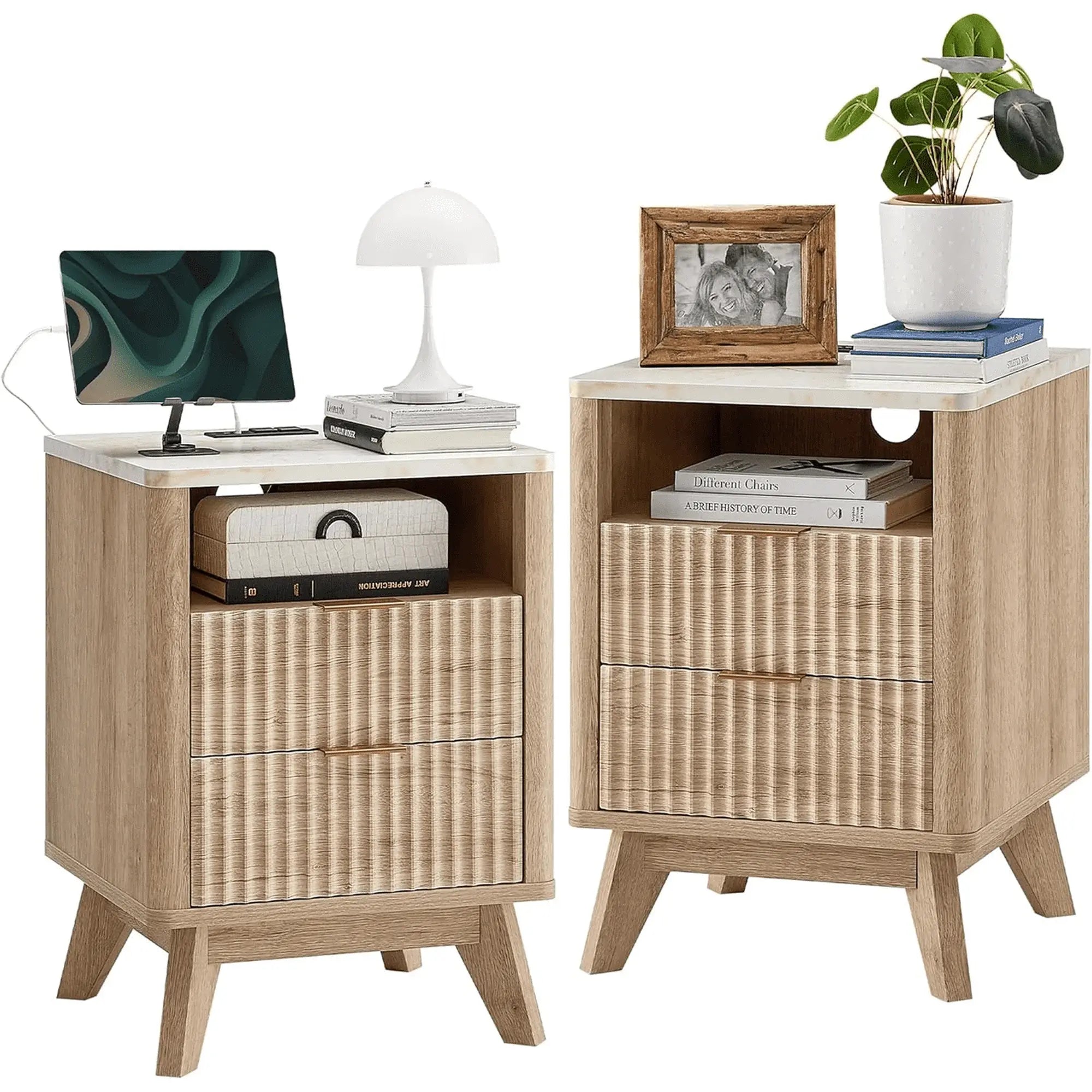 Sweetcrispy Modern LED Nightstand - Indoor Furniture Functional Bedside Table with Wooden Tabletop, Storage Compartment, Home Decor Piece
