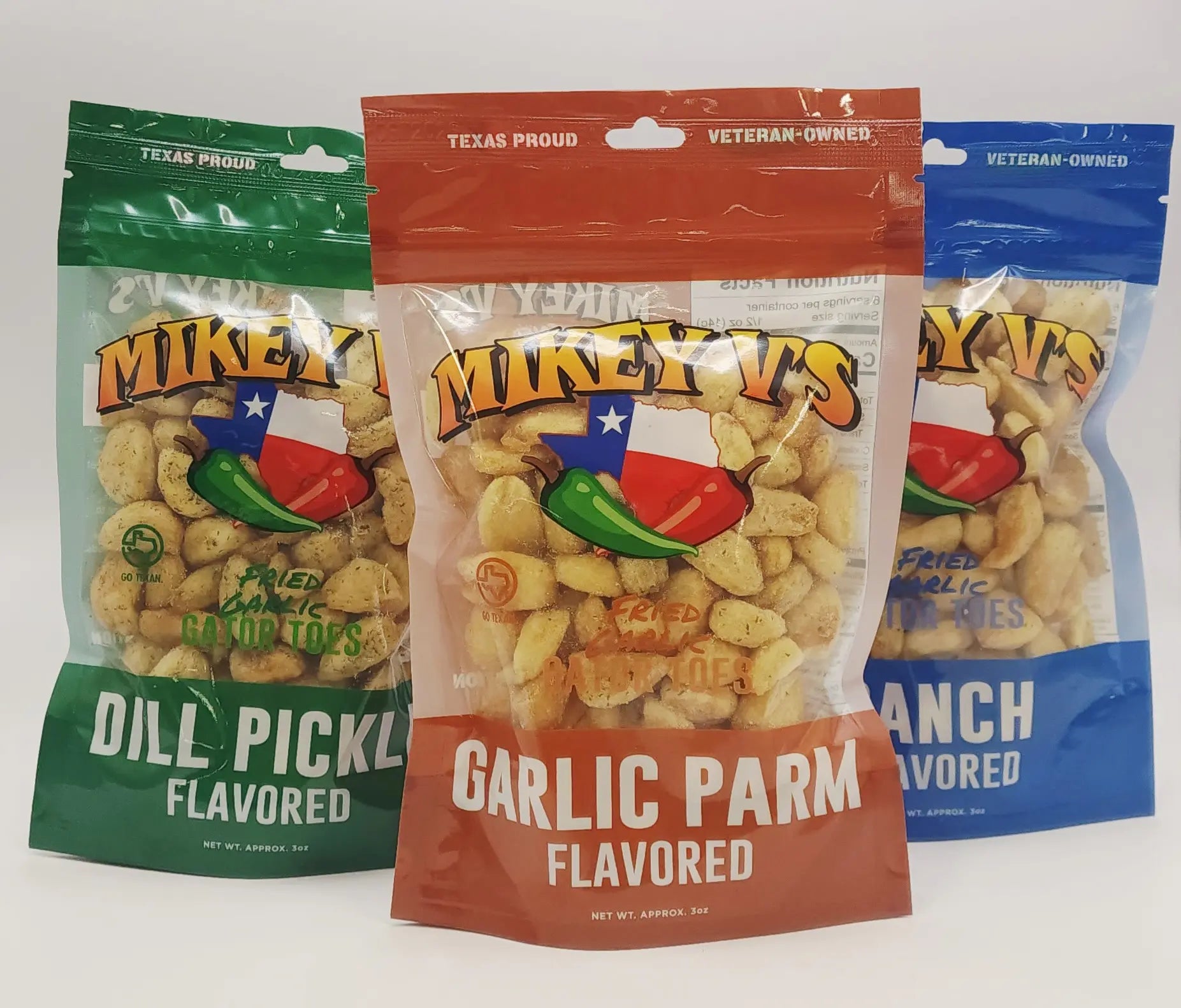 Mikey V'S Gator Toes Bundle - Best Sellers - Dill Pickle, Garlic Parm, Ranch Flavored Snacks - Top Selling Texas Proud Crunchy Garlic Snack Mix