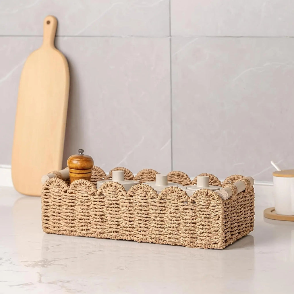 Woven Storage Basket with Fan Edge Design, Natural Basket for Toilet Tank Top Shelf, Bathroom Living Room Bedroom Vanity Home Decor Accessories