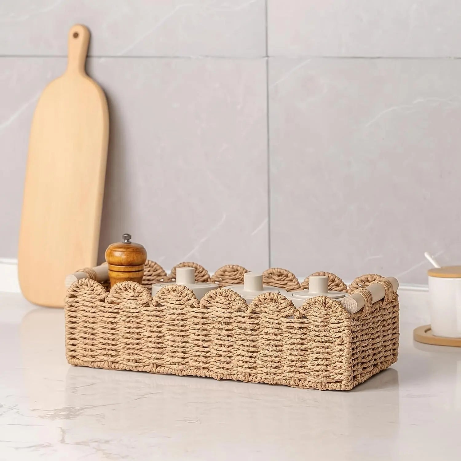 Woven Storage Basket with Fan Edge Design, Natural Basket for Toilet Tank Top Shelf, Bathroom Living Room Bedroom Vanity Home Decor Accessories