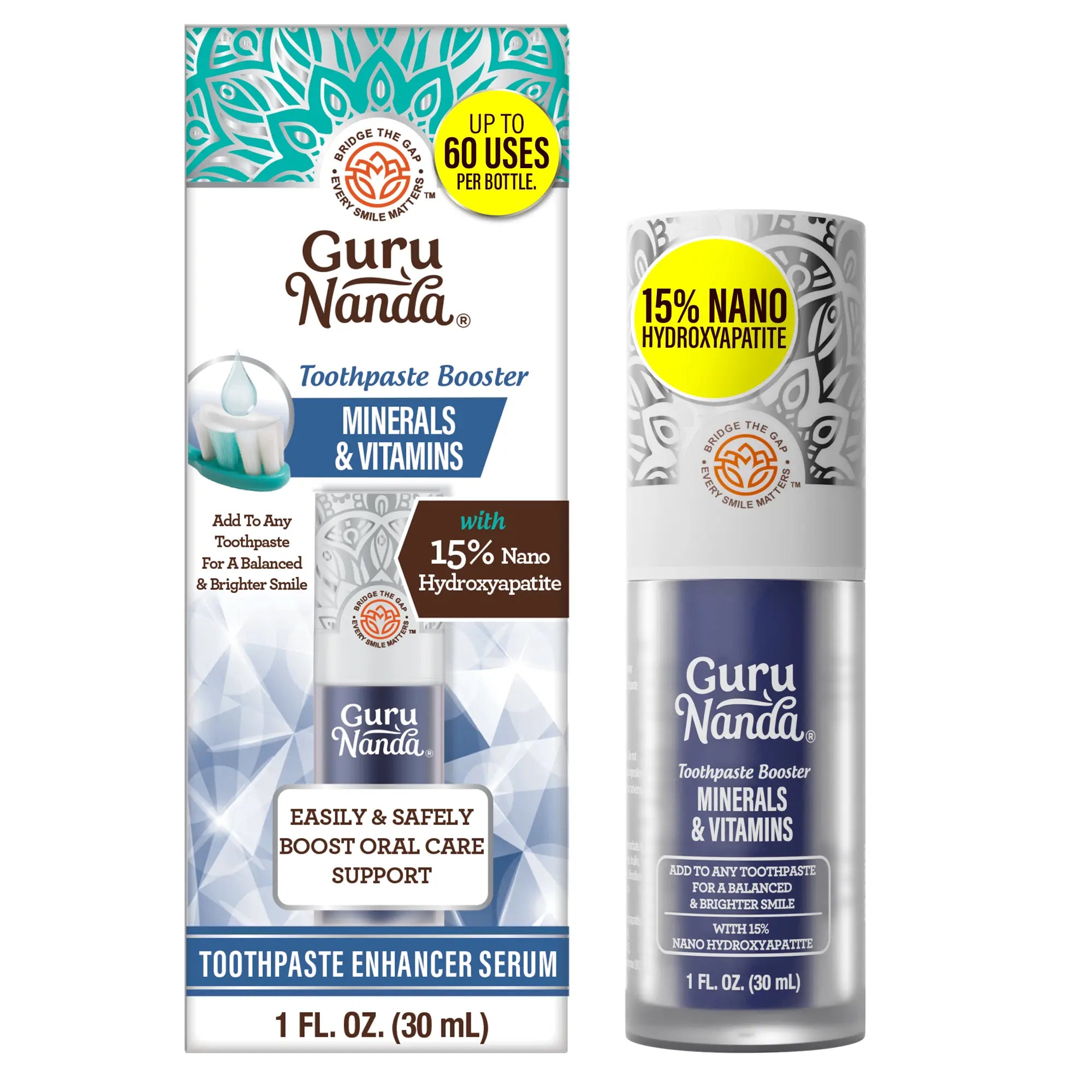 Gurunanda Toothpaste Booster with 15% Nano Hydroxyapatite – Add to Toothpaste for Whitening & Fresh Breath, Fluoride-Free Formula with Vitamins & Minerals, up to 60 Uses
