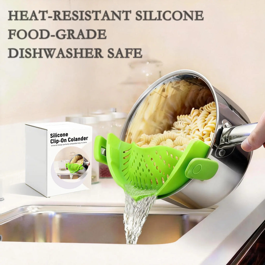 Silicone Pasta Strainer Clip-On for Pots and Pans - Heat Resistant Colander for Vegetables and Noodles - Kitchen Gadgets for Cooking - Space-Saving Design - Gray