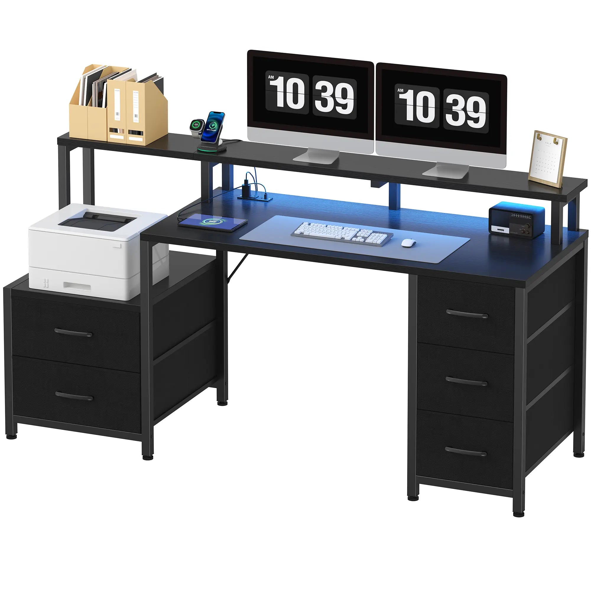 67'' Computer Desk with 4 Drawer, Printer Cabinet and Power Outlet