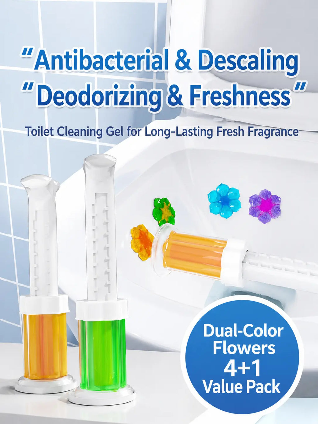 Toilet Flower Gel Stamp, Dual-Color Toilet Bowl Cleaner Gel, Long-Lasting Fresh Scent, Deodorizing Toilet Freshener for Bathroom, 4+1 Value Pack