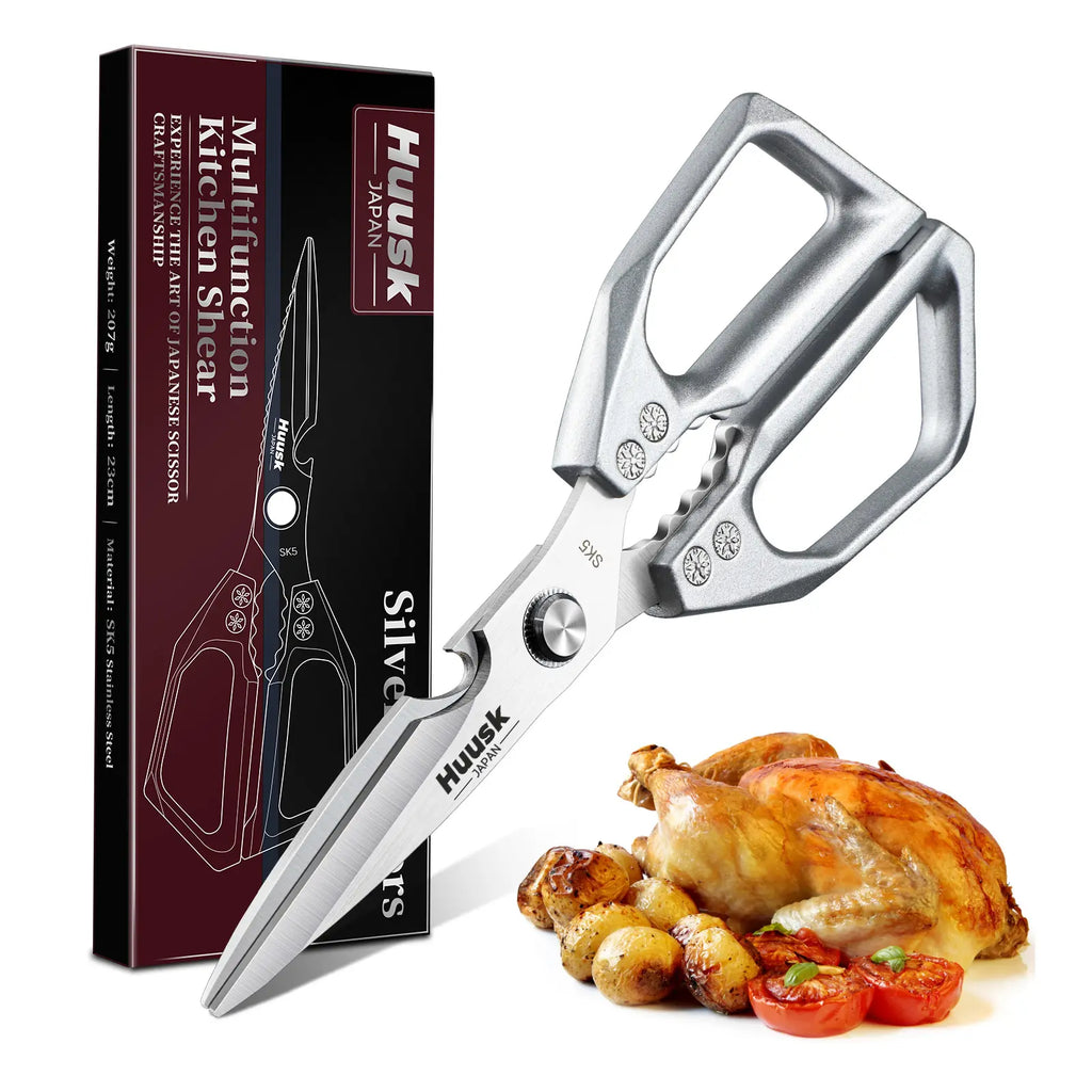 HUUSK Kitchen Scissors All Purpose -Fallfreshness- Stainless Steel Kitchen Shears, Sharp Silver Meat Scissors, Dishwasher Safe, Poultry Shears, Japanese Cooking Scissors for Food, Chicken Bones, and Turkey, Christmas Gift!