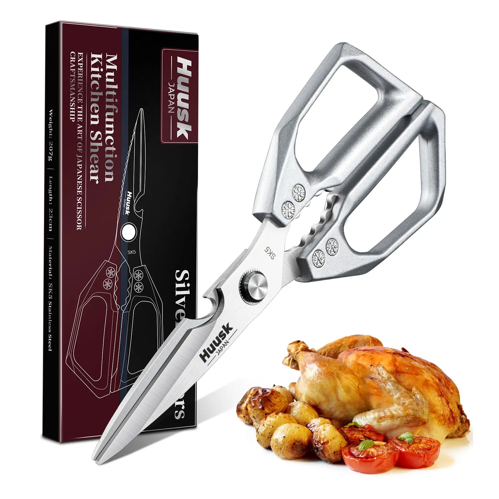 HUUSK Kitchen Scissors All Purpose -Fallfreshness- Stainless Steel Kitchen Shears, Sharp Silver Meat Scissors, Dishwasher Safe, Poultry Shears, Japanese Cooking Scissors for Food, Chicken Bones, and Turkey, Christmas Gift!