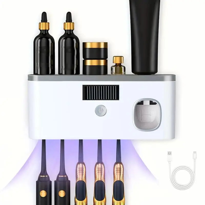 Smart UV Toothbrush Sterilizer with Automatic Toothpaste Dispenser, Wall-Mounted Multifunctional Toothbrush Holder, Intelligent Electric Toothbrush Stand for Home Bathroom Use.
