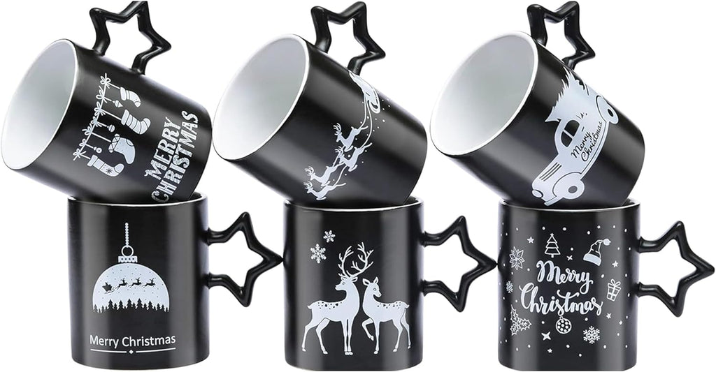 Black Coffee Mugs with Star Handle - Set of 6 Large 14 Ounce New Year Holidays Novelty Cups - Decorative DIY Mugs for Hot Chocolate Gift Sets