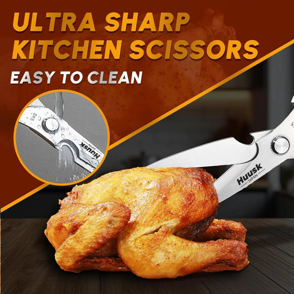 HUUSK Kitchen Scissors All Purpose -Fallfreshness- Stainless Steel Kitchen Shears, Sharp Silver Meat Scissors, Dishwasher Safe, Poultry Shears, Japanese Cooking Scissors for Food, Chicken Bones, and Turkey, Christmas Gift!