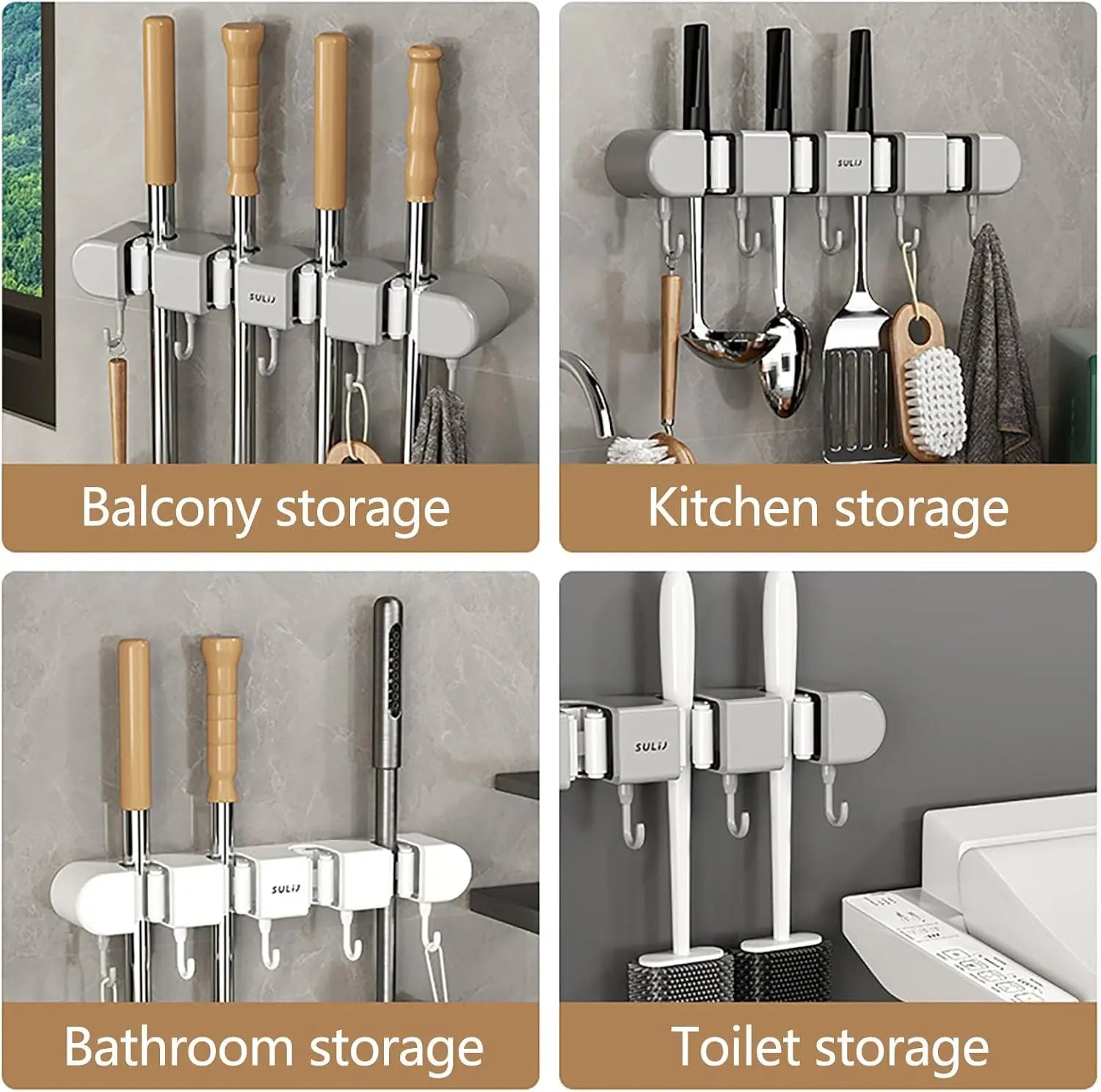 Multifunctional Mop Holder with Hook, Broom Mop Holder with 4 Racks 5 Hooks, Heavy Duty Mop Holder, Self Adhesive Mop Holder Wall Mounted, Broom Holder Wall Mount for Kitchen, Bathroom, Closet