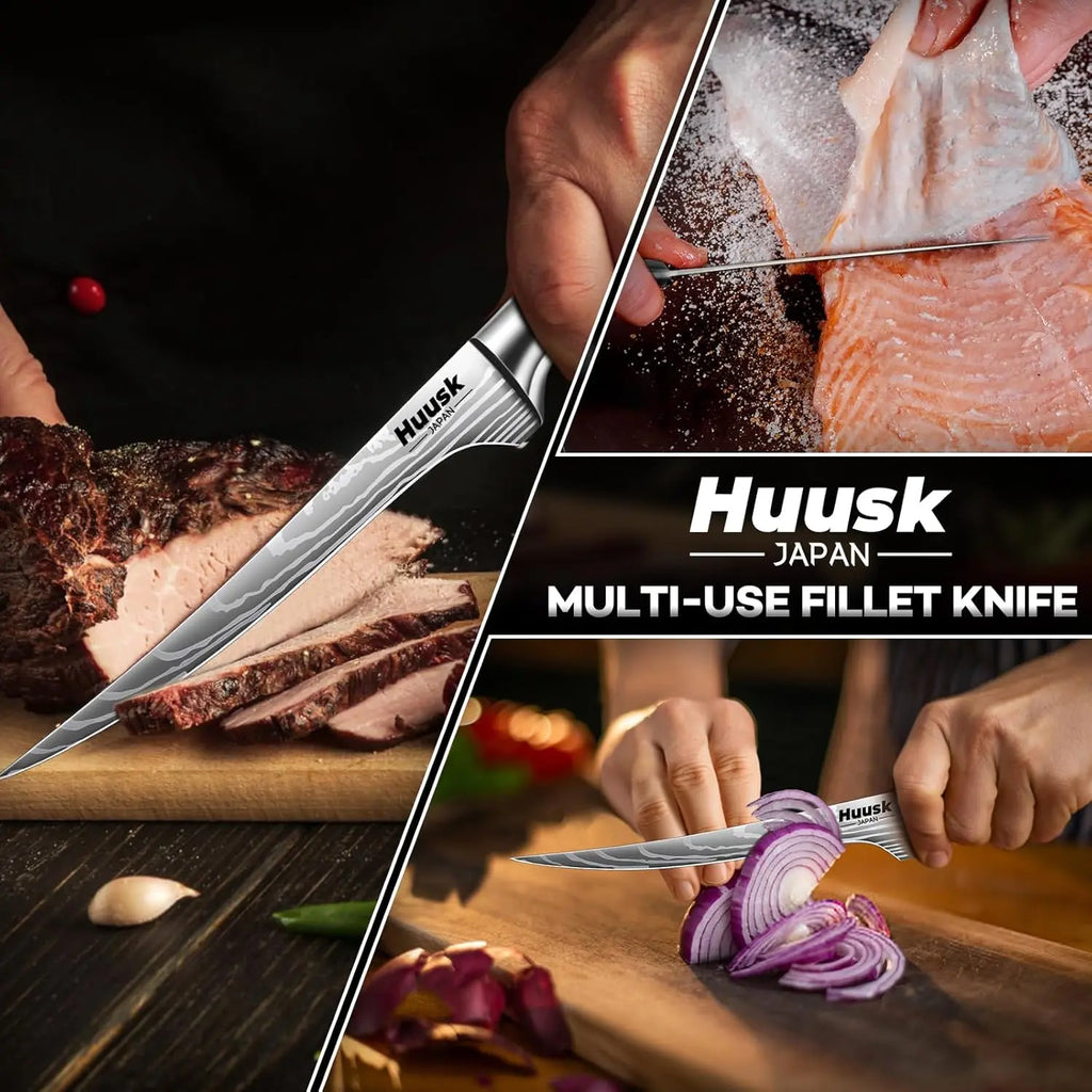 Huusk Filet Knife for Fish - 7 Inch Fish Fillet Knife with Wood Handle, Flexible Boning Knives for Meat Cutting, Professional Japanese Fishing Knives for Meat Poultry Cutting