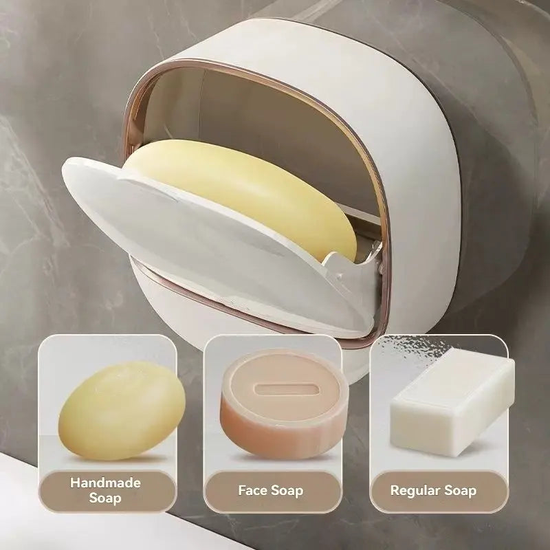Wall-Mounted Soap Dish with Drainage Box - Waterproof Soap Holder for Shower with Flip Lid, Punch-Free Design to Keep Soap Bars Dry