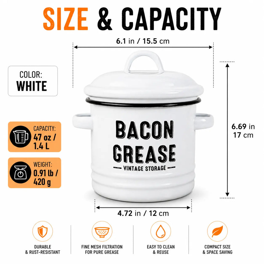 Rustic Farmhouse Enamel Bacon Grease Container - Large Enamel Grease Saver Strainer for Efficient Kitchen Use with Fine Mesh Strainer and Food-Grade Silicone Spatula, 46Oz Retro Farmhouse Style Large Enamel Oil Keeper, Dishwasher Safe Kitchen Utensil Tikt