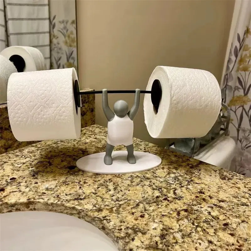 Fun Weightlifter-Themed Toilet Paper Holder, Tissue Holder — Crafted from Unique 3D-Printed Plastic, This Drill-Free Holder Stands Independently Atop the Toilet Tank, Making It a Perfect Decorative Accent for Both Bathrooms and Kitchens.