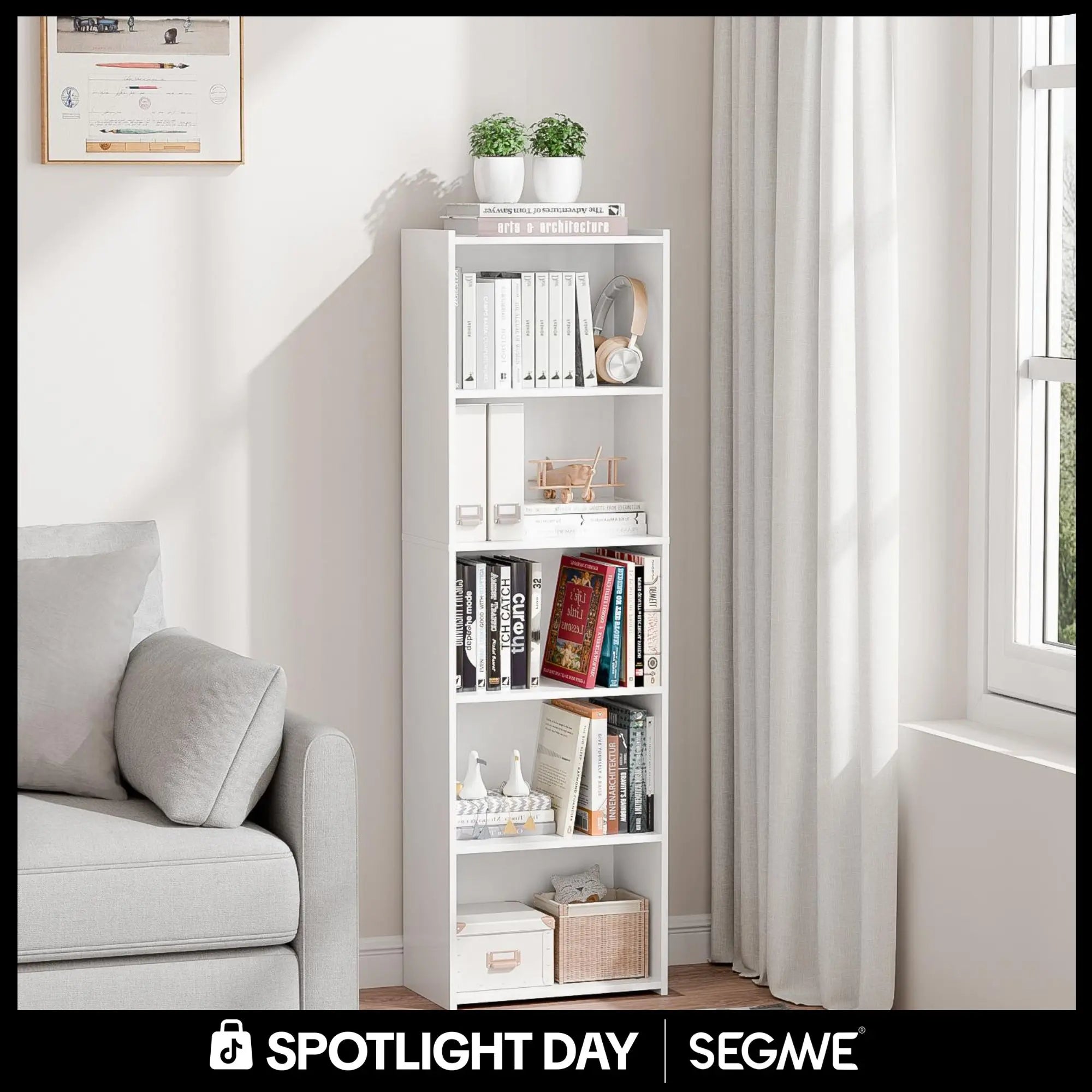 Segawe Modern Aesthetic 5-Tier Narrow Indoor Bookshelf - Home Furniture, Home Storage Organizer, House Decor Room Accessories Shelves (15.8"X9.5"X52")